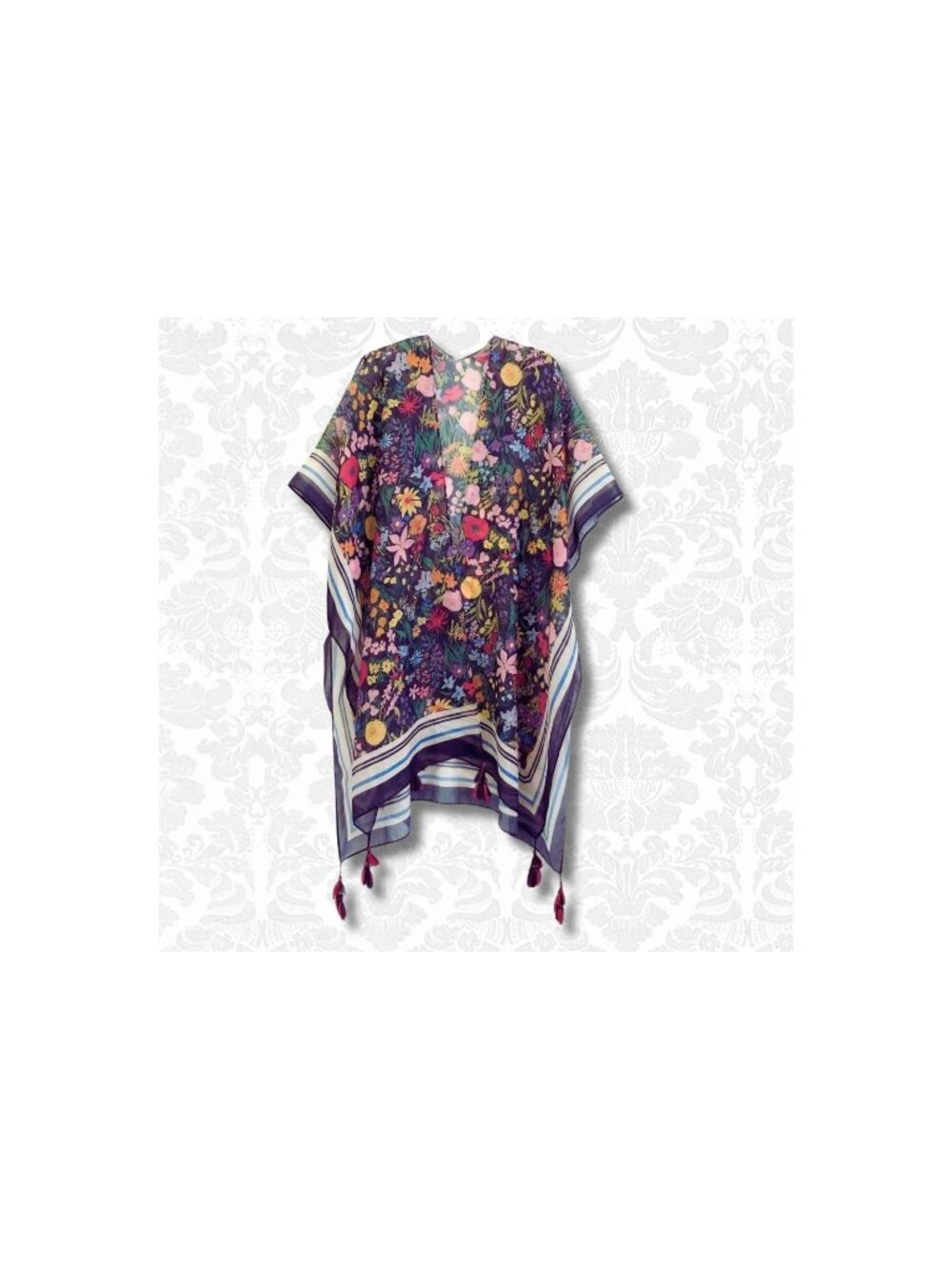 Blue Floral Tassel Kimono Beach Cover Up New Flower Cruise Vacation One Size
